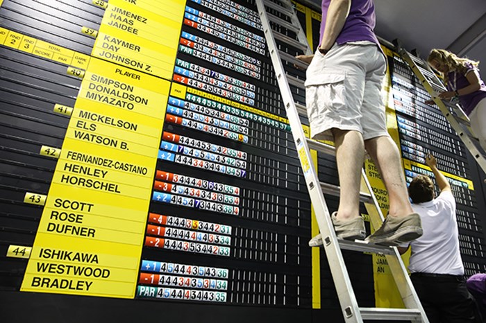 メディアセンターでは、試合中に選手のスコアがどんどんアップされます。 2014年 全英オープン 初日 メディアセンター内のスコアボード