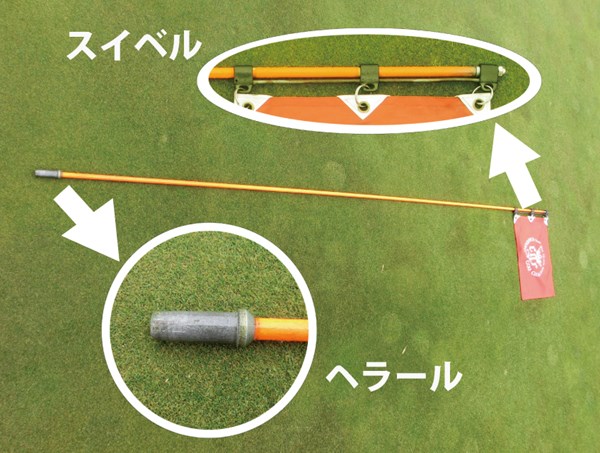 S吉クンのゴルフ研究第3回 スイベルとヘラール 旗と竿がつながっている部分を“スイベル”（“回転”の意）、竿の下方の、カップに刺さる部分を“ヘラール”と呼ぶ。