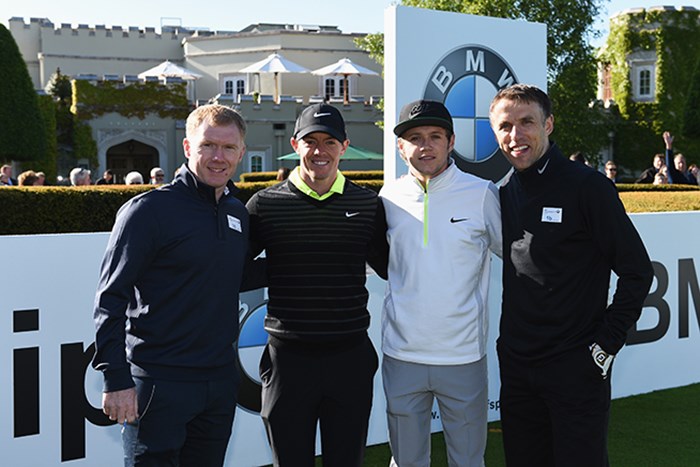 開幕前日のプロアマ戦でR.マキロイは、ワンダイレクションのナイアル・ホラン、元マンUのフィリップ・ネビル（写真右端）＆ポール・スコールズ（同左端）とプレーした（Ross Kinnaird/Getty Images） 2015年 BMW PGA選手権 事前 ロリー・マキロイ