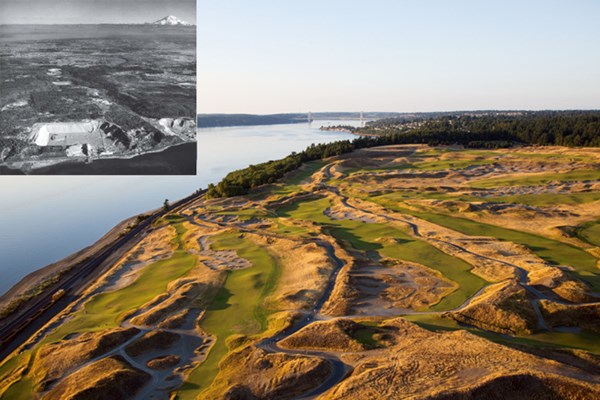 2015年 全米オープン 事前 チェンバーズベイ チェンバーズベイの空撮と、左上は全米コースに生まれ変わる前の1963年頃の現場写真（遠方にレーニア山を臨む）。（米GolfDigest誌）
