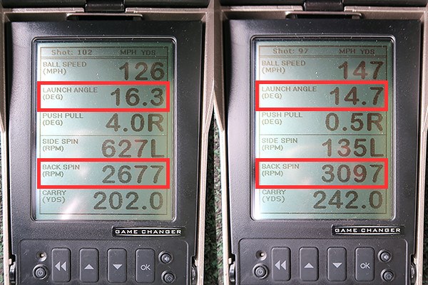 (画像 2枚目) USTマミヤ ATTAS G7 新製品レポート ミーやん（左）とツルさんの弾道を比較すると、打ち出し角が高く、スピン量も多めな数値で共通する。装着ヘッドのロフト角が大きめな点を差し引いても、切り返しの粘りと先中の走りがうまく融合されたシャフトの特徴を示している