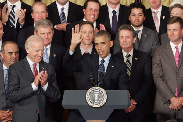 ＜番外編・選手名鑑183＞米国大統領とゴルフ（後編） バラク・オバマ大統領は、2013年「プレ杯」で勝利した代表メンバーを翌年6月、ホワイトハウスに招待した（Chip Somodevilla/Getty Images）
