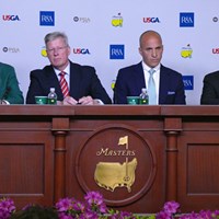 共同会見を行った（左から）マスターズ委員会のビリー・ペイン氏、R&Aのマーティン・スランバー氏、PGA・オブ・アメリカのピート・ビバクア氏、USGAのマイク・デイビス氏 2016年 マスターズ 事前 五輪