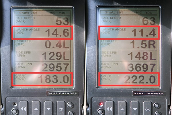 ナイキ ヴェイパー フライ フェアウェイウッド 新製品レポート （画像 2枚目） ミーやん（左）とツルさん（右）の弾道数値を比較。一番下の飛距離は申し分ない数値だったが、上から2番目の打ち出し角はやや低く低弾道の人はロフト角を大きくするなど調整が必要