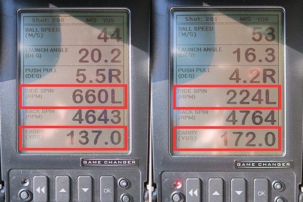 タイトリスト VG3 アイアン 新製品レポート （画像 2枚目） ミーやん（左）とツルさん（右）の弾道数値を比較。下から3番目のサイドスピンが左に200～600rpmとボールがほどよくつかまっている。その結果、ストロングロフトと相まって一番下の飛距離（キャリー）を稼ぐことができた