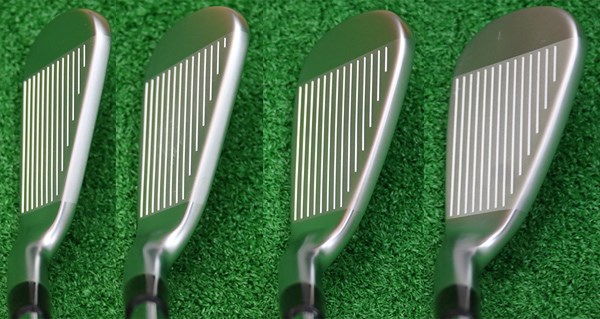 キャロウェイゴルフ APEX アイアン（2016年） マーク試打 （画像 2枚目） 左から6番、7番、8番、9番のヘッド形状。軟鉄鍛造にしては大きめのヘッドは、視覚的に安心感がある。