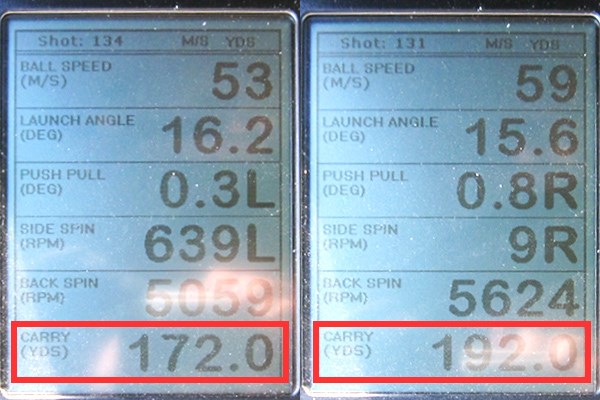 ヤマハ インプレス UD+2 アイアン 新製品レポート （画像 2枚目） ミーやん（左）とツルさん（右）が試打した「ヤマハ インプレス UD+2 アイアン」の弾道計測値。ヘッドスピードの異なる2人だが、2番手以上の飛距離（キャリー）を得ることができた