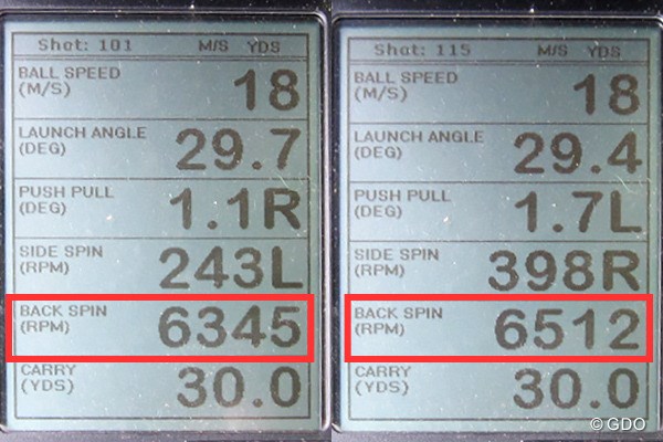 フジクラ MCI SOLID/MILD ウェッジシャフト 新製品レポート （画像 2枚目） ミーやんはマイルド（左）、ツルさんはソリッド（右）のシャフトで弾道計測値。自分に合ったシャフトを選ぶことで、30ヤードの距離からでもスピンがかかるアプローチが打てた