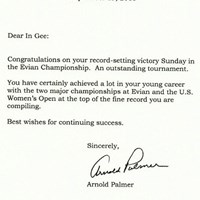 アーノルド・パーマーから送られた手紙。この7日後に他界した※チョン・インジのツイッターより 2016年 日本女子オープンゴルフ選手権競技 3日目 チョン・インジ アーノルド･パーマー
