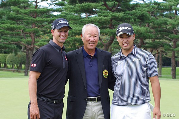 2016年 日本オープンゴルフ選手権競技 事前 松山英樹、アダム・スコット、青木功 練習ラウンドでも松山英樹とスコットの同組が実現。青木功JGTO会長も激励に訪れた