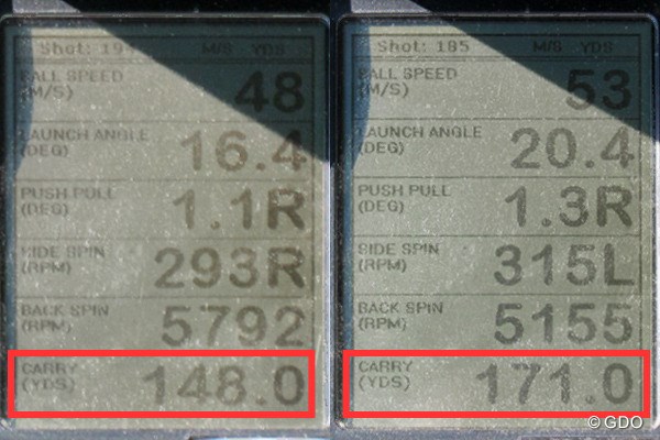 本間ゴルフ TW737 Vs アイアン 新製品レポート（画像 2枚目） 「TW737 Vs」で試打した時の、ミーやん（左）とツルさん（右）の弾道計測値。アスリート向けアイアンでありながら、ロフト角が立っているおかげで飛距離（キャリー）は十分に出た