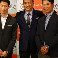 松山（右）は錦織（左）と初対面。ともにメジャー制覇を目指している 2016年 （左から）錦織圭 渡辺謙 松山英樹