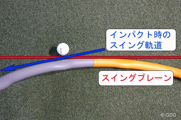 Dプレーンとは 画像08 ボールの位置を左に置いておくと、インパクトの瞬間ではスイング軌道は左に向く