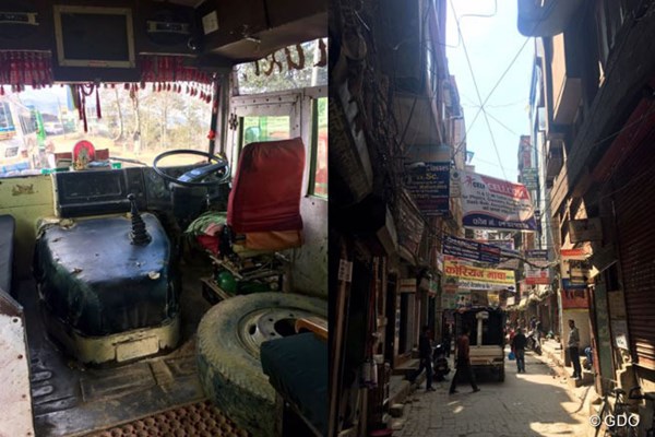 ネパールのローカルバス（左）とダウンタウン カトマンズまでの道のりで乗車したバス（左）と街中の風景