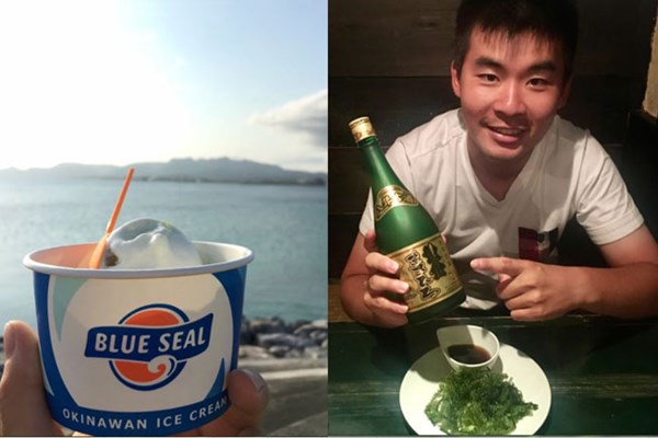 沖縄といえばブルーシールアイスクリーム（左）と海ぶどう（右）。「まさひろ」という泡盛にも出会いました