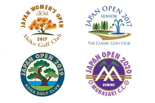 2017年 日本オープンゴルフ選手権競技 3日目 3オープンプロモーションマーク 2017年日本女子オープン（左上）、17年日本シニアオープン（右上）、19年日本オープン（左下）、20年日本オープンのマーク※JGA提供