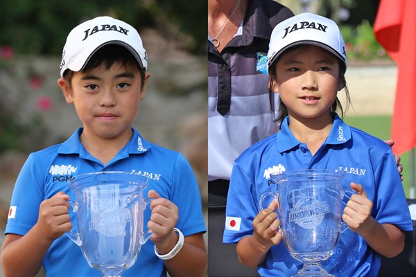 7－8歳の部で優勝した根本悠誠（左）と長峰真央 ※画像提供：国際ジュニアゴルフ育成協会