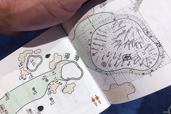 藤田寛之のコースメモ。自ら書き込んだ矢印がグリーンの傾斜を示している 2019年 日本オープンゴルフ選手権競技 初日 藤田寛之のヤーデージブック