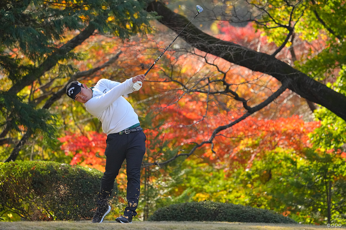 紅葉を背景に会心の一撃。