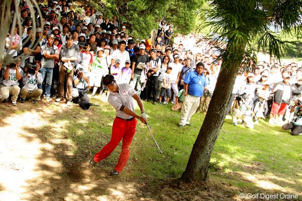 2010年 アジアパシフィック パナソニックオープン最終日 石川遼 10番の2打目を木に当てるトラブル。痛恨のダボを叩き、優勝争いから後退した石川遼