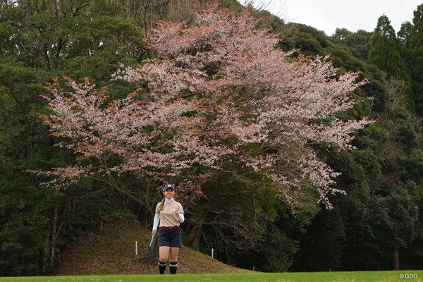 2023年 Tポイント×ENEOSゴルフトーナメント 初日 吉田優利 バーディを決め桜をバックに笑顔を見せる