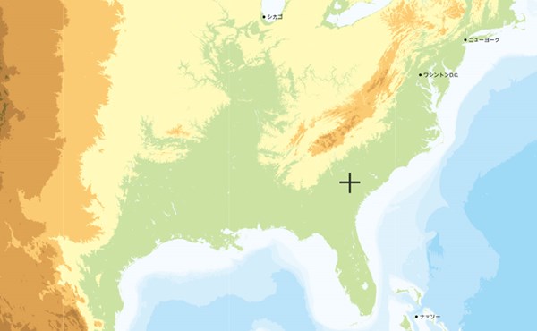 2023森田正光メジャー天気予報 ＋の位置がオーガスタ。西北にアパラチア山脈が走る（資料提供／国土地理院）