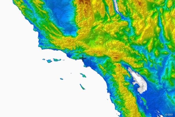2023森田正光メジャー天気予報 ＋の位置がロサンゼルスCC（地理院地図 標高地形図）