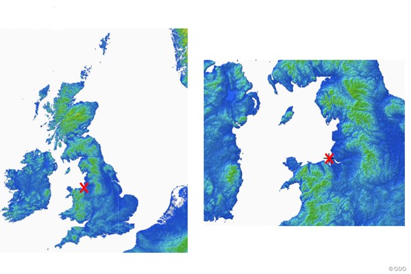 2023森田正光メジャー天気予報 イングランド北西部に位置する。×位置がロイヤルリバプール（提供／国土地理院）