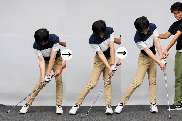 ゴルフテックレッスン 手元は動かさず、左ひざを伸ばしながら回転していくイメージ