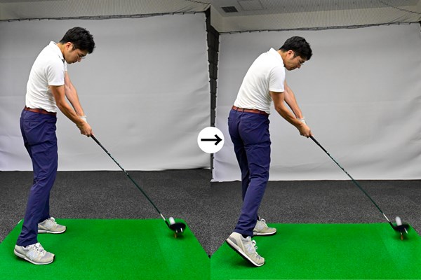 ゴルフテックレッスン ドリル前（写真左）とドリル後（写真右）を比較しても、インパクト時の腰の回転量に違いがでた