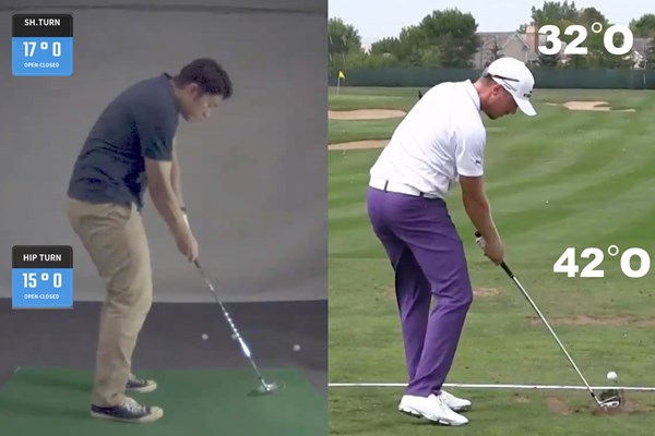 ゴルフテックレッスン ツアープロ（写真右）と横田さん（写真左）のインパクトの形を見比べると腰と肩の開きに違いがある