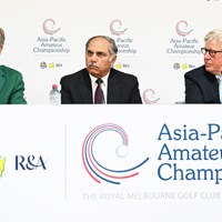 公式会見に出席した（左から）オーガスタナショナルGCのフレッド・リドリーチェアマン、APGCのタイムール・ハッサン・アミン会長、R&Aのマーティン・スランバーズ最高責任者 2023年 アジアパシフィックアマチュアゴルフ選手権 事前 会見