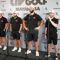 ジョン・ラーム（右から2人目）はチーム「リージョン13」で会見 2024年 LIVゴルフ・マヤコバ 事前 カブレ・サーラント、ティレル・ハットン、ジョン・ラーム、キーラン・ビンセント