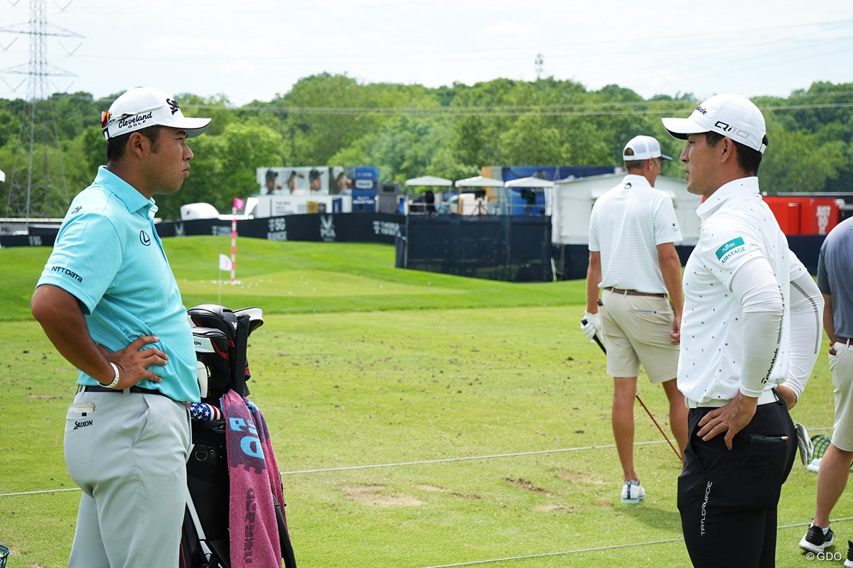 2024年 全米プロゴルフ選手権 事前 松山英樹 中島啓太 中島に優勝おめでとうと松山。しばし談笑