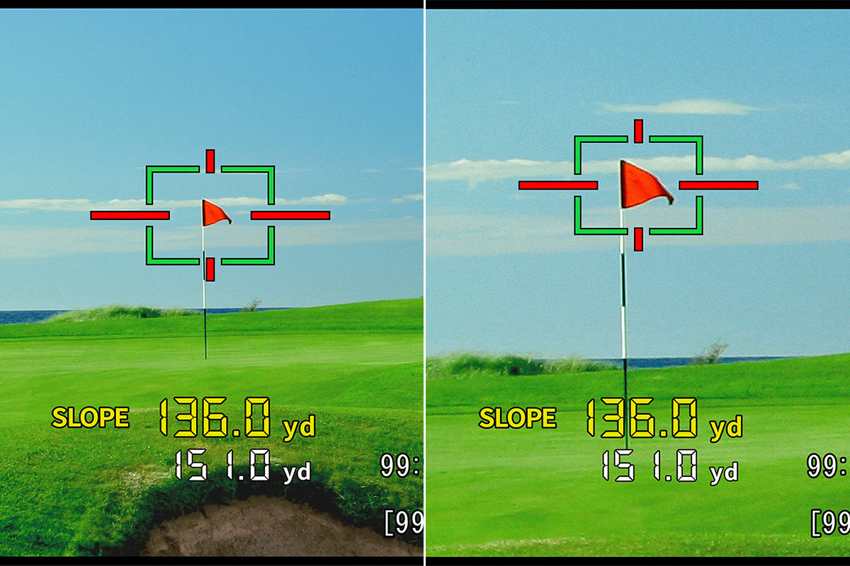 倍率6倍（左）と倍率12倍の見え方の違い。デジタルズーム機能で遠くのピンフラッグも捉えやすい
