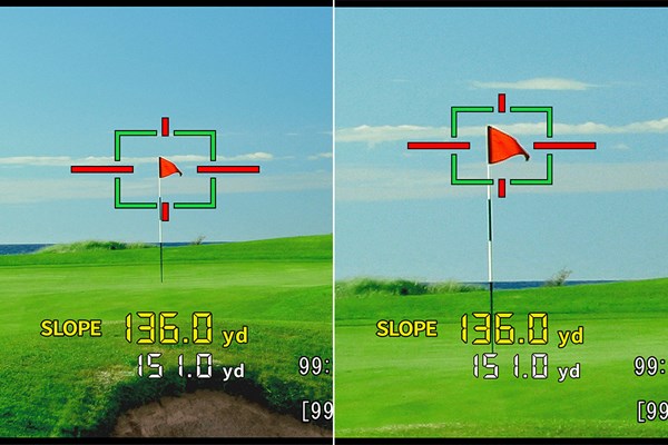 キヤノン初のレーザー距離計「PowerShot GOLF」登場 倍率6倍（左）と倍率12倍の見え方の違い。デジタルズーム機能で遠くのピンフラッグも捉えやすい