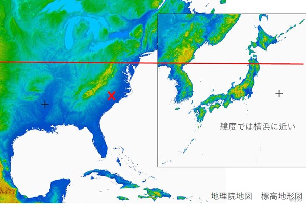 森田さ～ん、全米オープンのお天気は？ 「晴れて連日の33度超え」／森田正光のメジャー天気予報 ×印の位置がパインハースト。赤線は北緯40度線