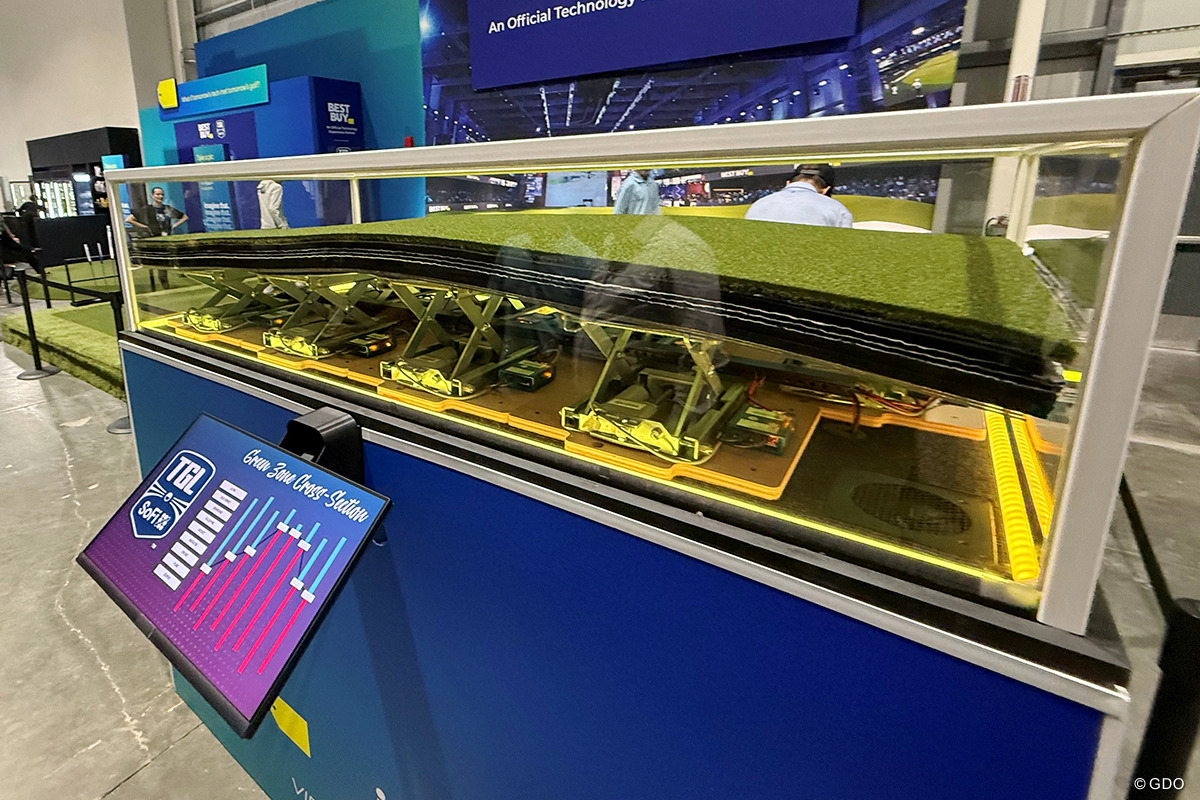 機械式の支えでグリーンの傾斜を付ける。ディスプレイで瞬時に変更される形状は600に及ぶという