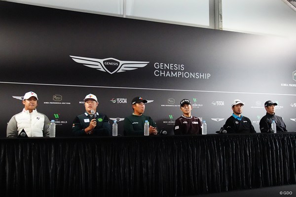 2025年 ジェネシス選手権 事前 松山英樹 イム・ソンジェ アン・ビョンフン 中島啓太 共同会見に出席した松山英樹（右から2人目）、中島啓太（右端）も