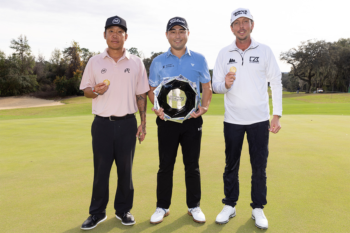 左からアンソニー・キム、リチャード・T・リー、ビョーン・ヘルグレン。今季LIVゴルフの出場権を獲得した(Mike Stobe/LIV Golf)