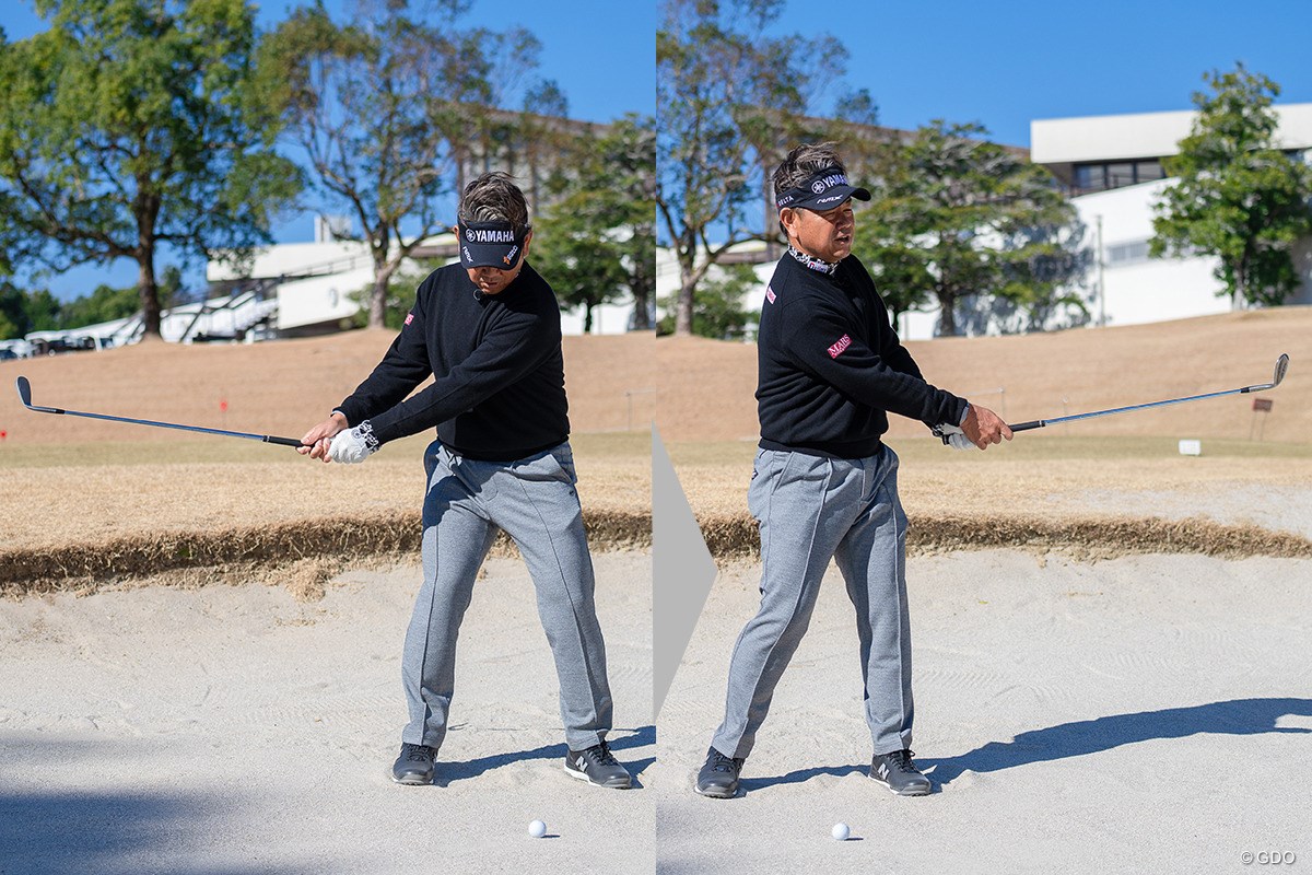 砂が少ない場合は「ハンドアップ」かつインから緩やかに【藤田寛之アプローチのレシピ#19／硬いバンカーショット】