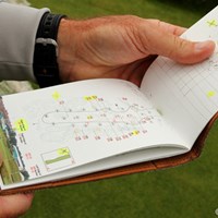 水曜日、タイガーはコースに現れなかったが、キャディのジョー・ラカバはコースをサイドチェック。ページの下にはティグランドからの風景が写真で印刷されている 2012年 全英オープン 事前 ヤーデージブック