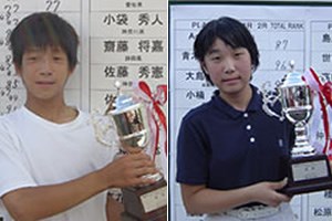 2002年 第6回ゴルフダイジェスト・ジャパンジュニアカップ 小学生男子優勝の佐藤秀憲君（左）。女子優勝の島津想美さん（右）