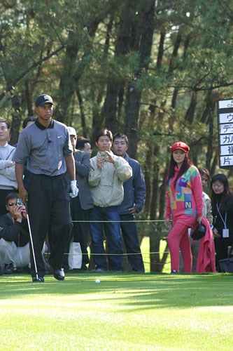 2002年 ダンロップフェニックストーナメント 事前情報 タイガー・ウッズ タイガーのティショット。あれ！？後ろの派手なピンクの服は、叶 美香さんではありませんか。