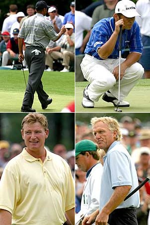 2002年 マスターズ 3日目 ゴルフダイジェスト・オンライン現地特派員レポート 選手達の様子 左上）タイガー・ウッズ 右上）伊沢利光 左下）アーニー・エルス 右下）グレッグ・ノーマン