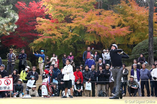 2012年 ゴルフ日本シリーズJTカップ 初日 石川遼 紅葉をバックに新ドライバーでティショットする遼くん