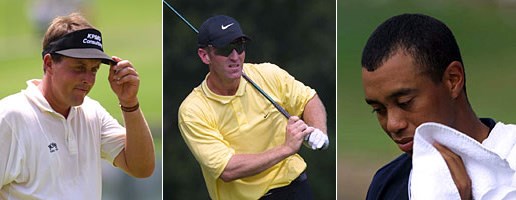 2001年 全米プロゴルフ選手権 2日目 左から）P.ミケルソン、D.デュバル、T.ウッズ