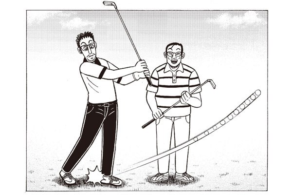 「週刊ゴルフダイジェスト」連載「とにかく80台で回りたいんだ！」(2013年1月8・15日号）より 「お、福本さん、短く持って打ちますか！ そう、まずはひらめきで気楽に打ってみましょうよ」