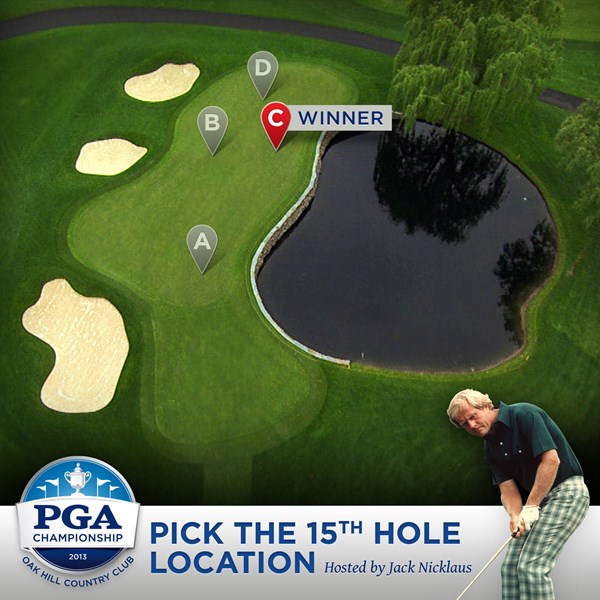 PGA Championship Pick the Hole Location Challenge Hosted by Jack Nicklaus オークヒルCCの15番ホール。最終日はファン投票により「C」の位置にカップが切られる。（画像：PGA of America）